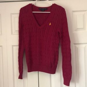Ralph Lauren polo sport burgundy dark red crimson with yellow cable knit sweater